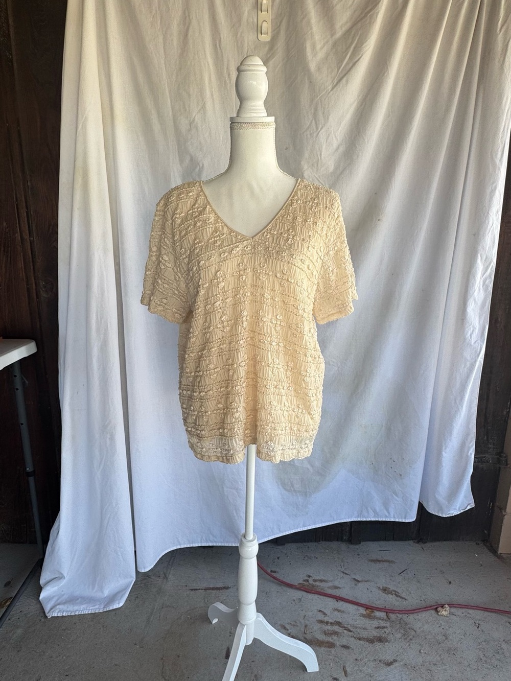 Cream Textured V-Neck Short Sleeve Blouse - Women